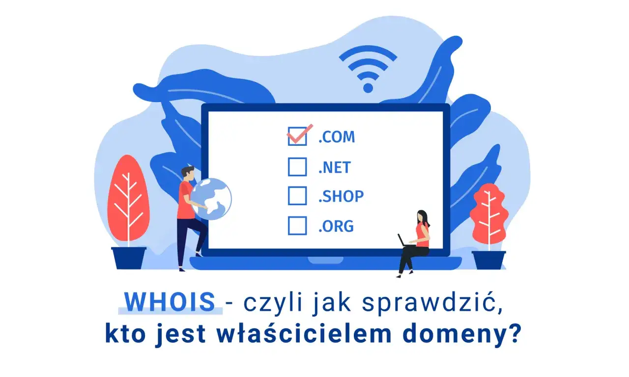 Grafika ilustruje wyszukiwanie informacji w bazie WHOIS. Ludzie analizują dostępne domeny, szukając właściciela.