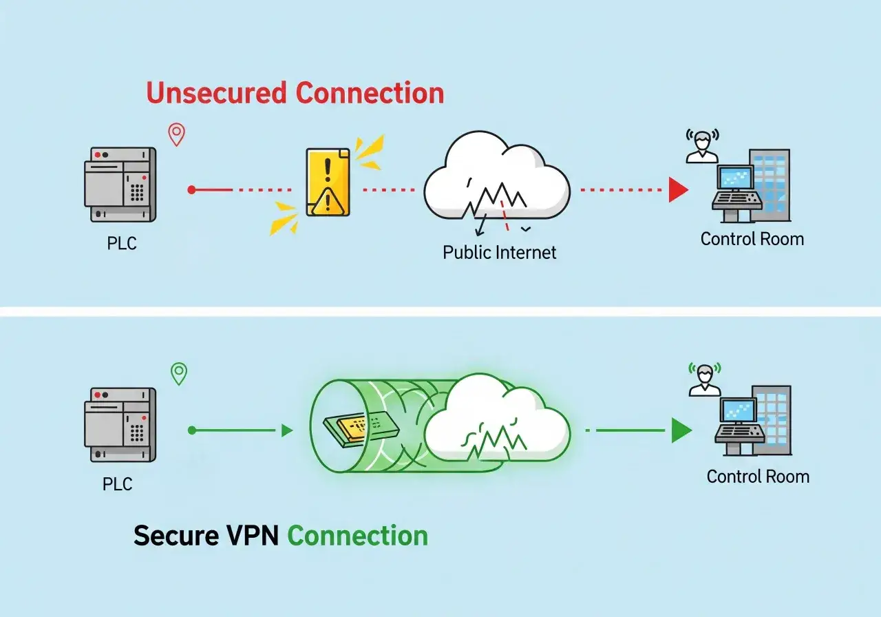 G&oacute;rny panel pokazuje niebezpieczne połączenie PLC z Control Room przez publiczny internet. Dolny panel ilustruje bezpieczną zmianę IP dzięki VPN.