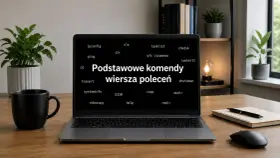 Laptop z wyświetlonymi komendami wiersza poleceń Windows, w tym ping, tracert i traceroute.