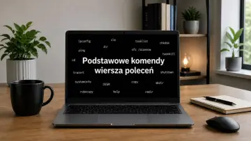 Laptop z wyświetlonymi komendami wiersza poleceń Windows, w tym ping, tracert i traceroute.