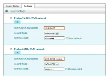 Ustawienia sieci Wi-Fi: nazwy SSID, tryby bezpieczeństwa i hasła dla pasm 2.4 GHz i 5 GHz.