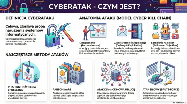 Cyberatak to celowa, złośliwa próba naruszenia systemów informatycznych, często w celu kradzieży danych. Grafika pokazuje jego definicję i metody.