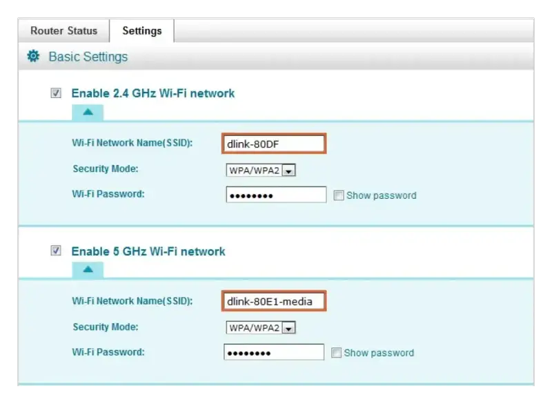 Ustawienia sieci Wi-Fi: nazwy SSID, tryby bezpieczeństwa i hasła dla pasm 2.4 GHz i 5 GHz.