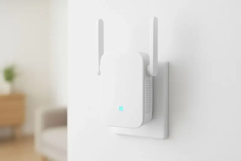 Biały wzmacniacz Wi-Fi z antenkami, podłączony do gniazdka. Pokazuje, jak działa wzmacniacz Wi-Fi, rozszerzając zasięg sieci.