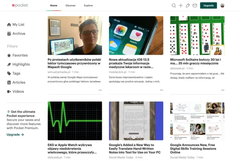 Zapisane strony: artykuły o protestach w Google Maps, aktualizacji iOS, grze Solitaire, EKG w Apple Watch, tłumaczeniu notatek i szkoleniach online.